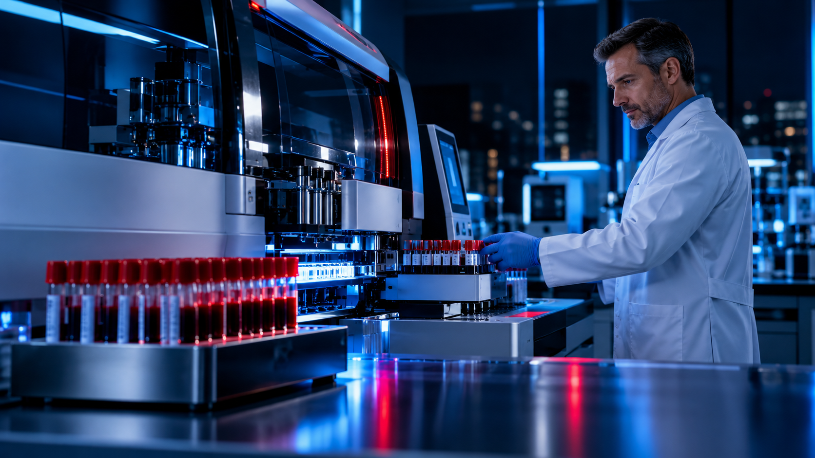 Male clinician working beside a modern blood testing machine