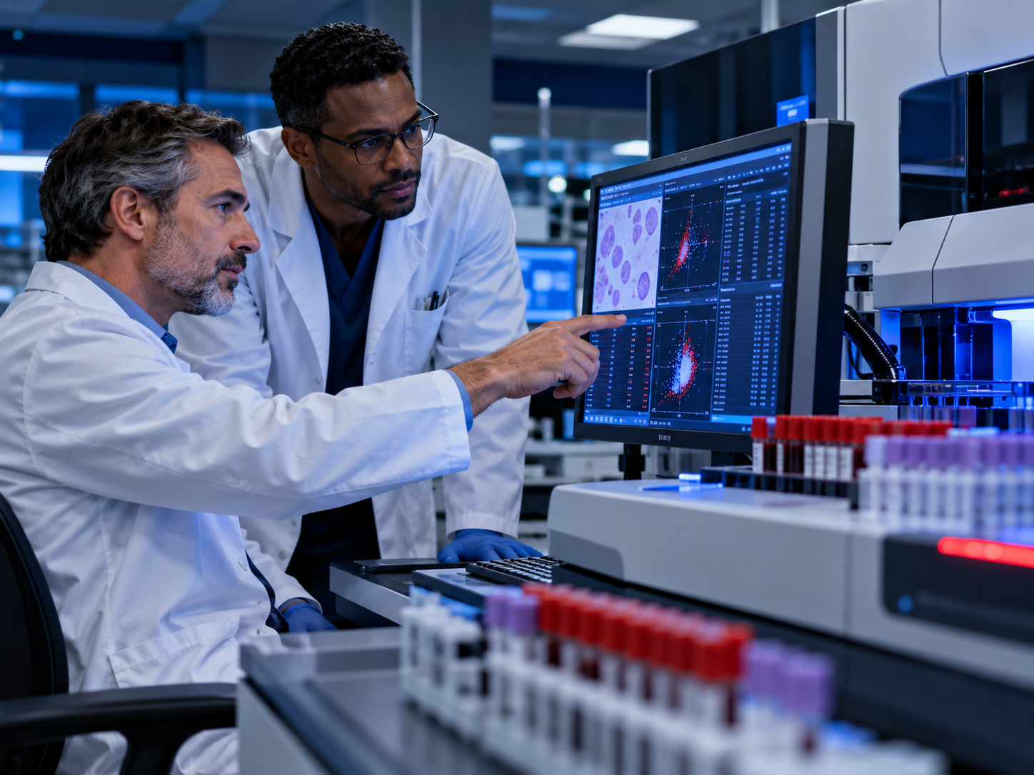 Two male laboratory professionals reviewing analysis on a monitor