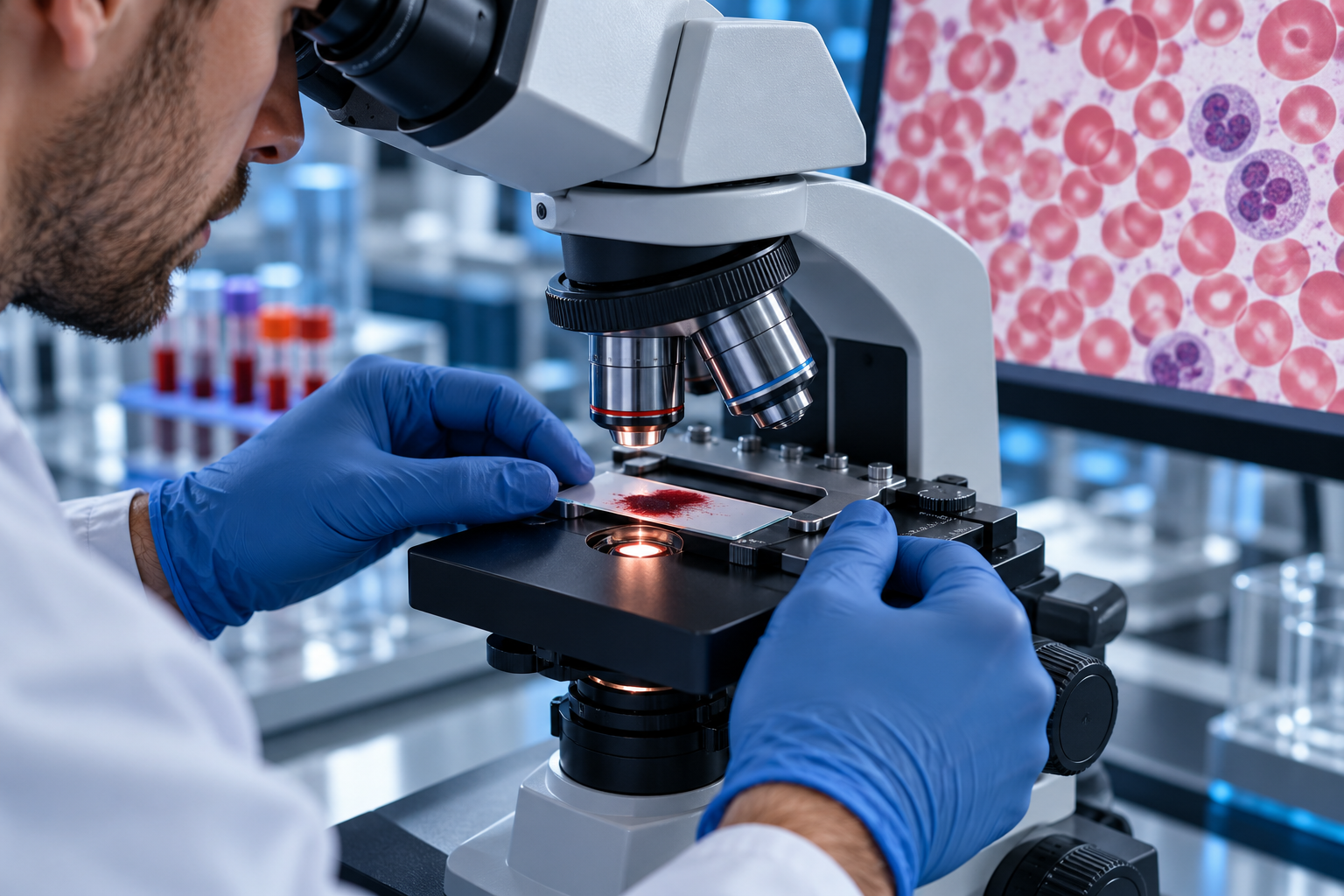 Male laboratory professional examining a blood smear under a microscope