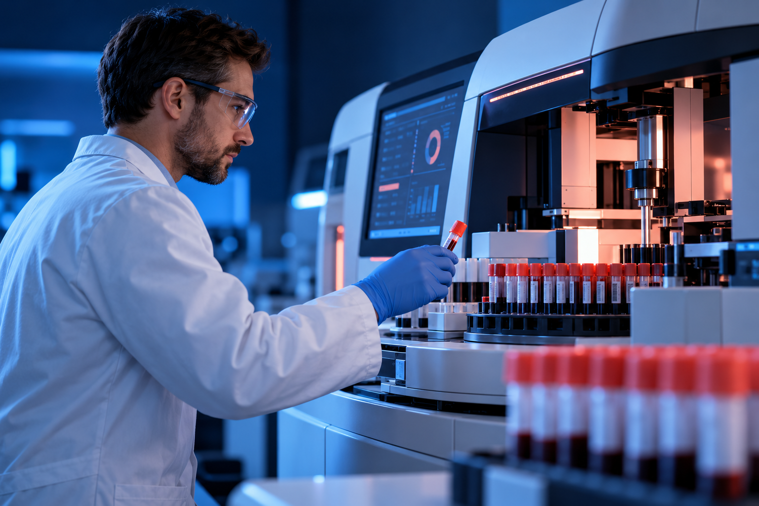 Male scientist working with sample tubes at an immunoassay analyzer